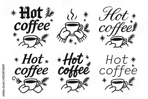 Hot Coffee Calligraphy. Hot coffee style. Create a calligraphy lettering illustration of the phrase: Hot