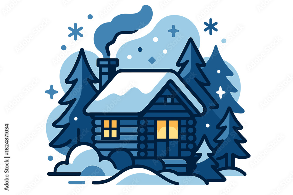 Fototapeta premium Cozy Winter Cabin. Cozy cabin in the woods. Small wooden cabin with glowing windows, surrounded by