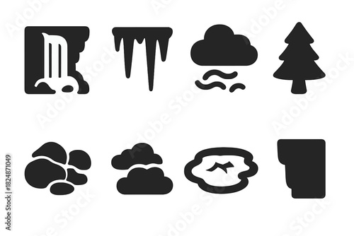 Frosty Waterfall Icons. Frosty Waterfall. Filled icon set of Frosty Waterfall: waterfall, icicles, snow, rocks