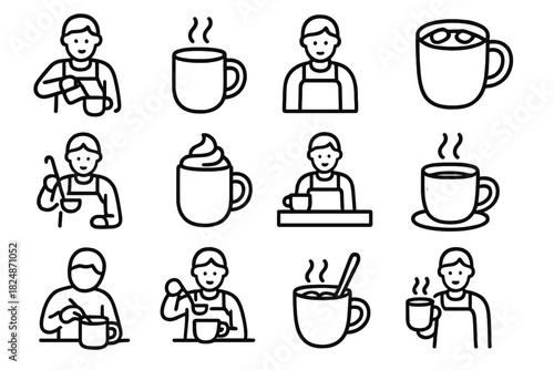 Cozy Cocoa Icons. Cozy hot cocoa icons. Line outline icon set of cozy hot cocoa icons: barista making cocoa,