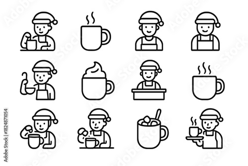Festive Barista Icons. Festive barista icons. Line outline icon set of festive barista icons: barista making