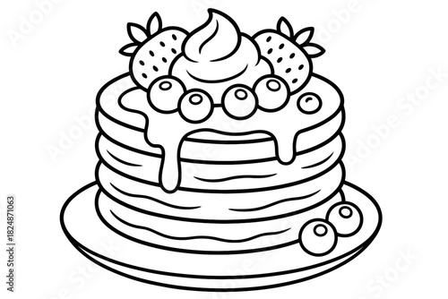 Pancake Coloring Fun. Morning treat delight children’s coloring book illustration, outlined drawing, stack of