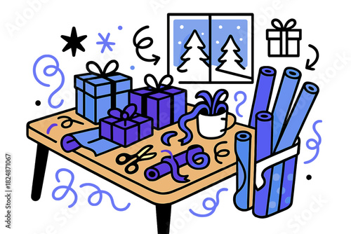 Festive Wrapping Station. Festive wrapping station. Cozy table with holiday wrapping supplies, partially
