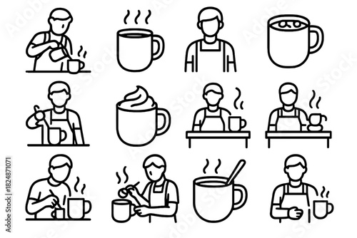 Hot Cocoa Icon Set. Hot cocoa preparation icons. Line outline icon set of hot cocoa preparation icons: barista