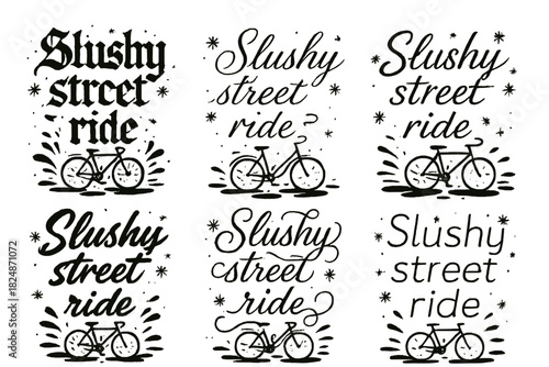 Calligraphy Winter Ride. Slushy street ride. Create a calligraphy lettering illustration of the phrase: Slushy