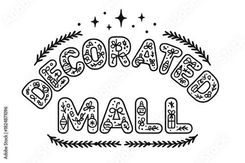 Festive Mall Display. Decorated Mall — Decorative Display Lettering: rounded outlined letters filled with tiny