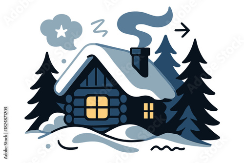 Cozy Winter Cabin. Cozy winter cabin illustration. Snow-covered cabin with chimney smoke curling into sky,