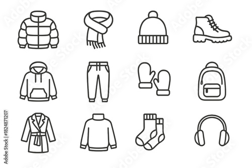 Winter Streetwear Icons. Winter streetwear icons. Line outline icon set of winter streetwear icons: puffer