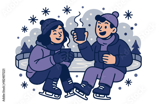 Winter Warmth Delight. Post-skating warmth. Friends sipping hot drinks, snowy ice rink behind, abstract