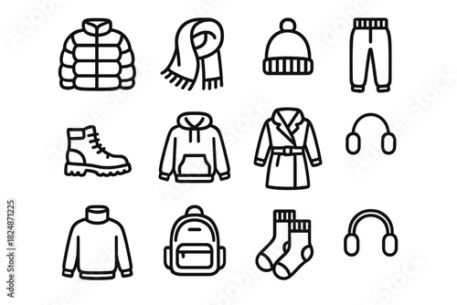 Festive Streetwear Icons. Festive streetwear icons. Line outline icon set of festive streetwear icons: puffer
