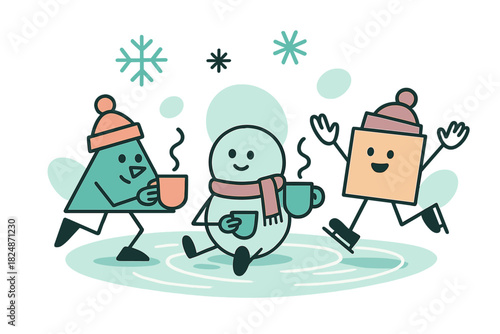 Geometric Winter Serenity. Minimal winter break. Geometric figures holding steaming cups, abstract snowflakes