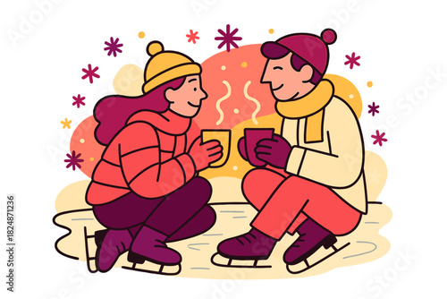 Cozy Skating Vibes. Post-skating cozy scene. People holding steaming cups, abstract snowflakes floating, snowy