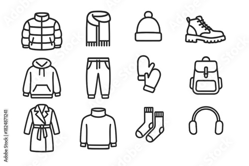Winter Fashion Icons. Street fashion winter set. Line outline icon set of street fashion winter set: puffer
