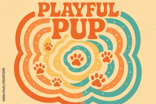 70s Retro Puppy Poster. Playful Pup — 70s Poster: wavy groovy font with stacked layout; concentric snow swirls