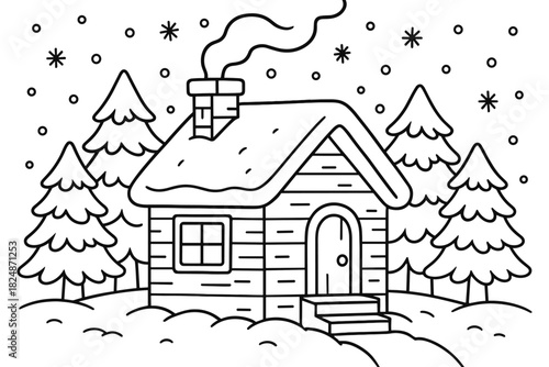 Cozy Snowy Cabin. Winter getaway cabin children’s coloring book illustration, outlined drawing, cozy cabin