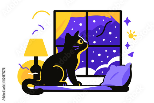 Curious Cat Winter Window. Curious cat indoor winter scene. Cat on windowsill, observing snowfall outside,