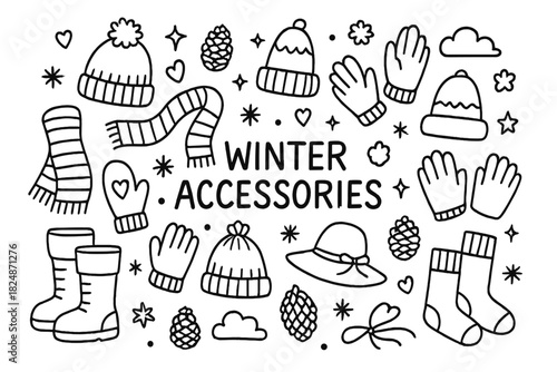 Winter Doodle Essentials. Winter Accessories. Hand-drawn doodle illustration of Winter Accessories. Beanies,