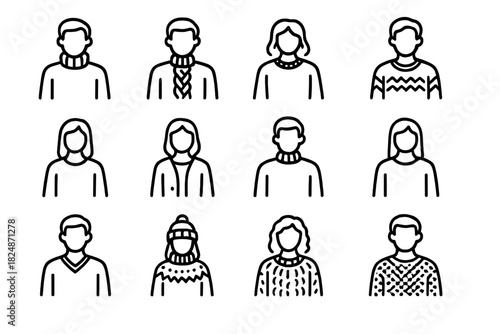 Chunky Knit Icon Set. Chunky knit fashion. Line outline icon set of chunky knit fashion: model with turtleneck