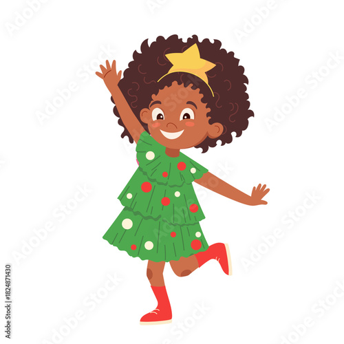 Cute girl dressed as Christmas tree with baubles. Fun cartoon character dancing in fir tree outfit for kids holiday project, winter festive card, banner, party invitations Flat vector design element