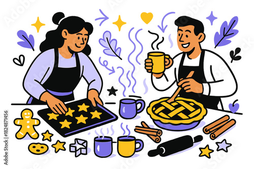 Festive Kitchen Delight. Festive kitchen preparation. Cookies, pies, steaming mugs, cinnamon sticks, holiday