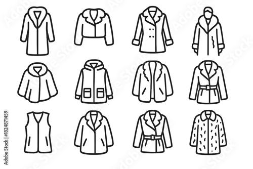 Winter Outerwear Icons. Winter outerwear icons. Line outline icon set of winter outerwear icons: long fur coat