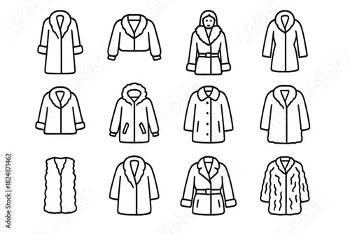 Winter Coat Icons. Winter coat fashion set. Line outline icon set of winter coat fashion set: long fur coat,