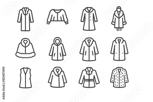 Cozy Fur Icons. Cozy fur fashion icons. Line outline icon set of cozy fur fashion icons: long fur coat,