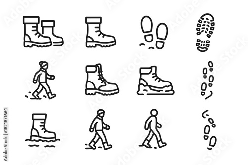 Winter Footwear Icons. Winter walking icons. Line outline icon set of winter walking icons: pair of snow boots