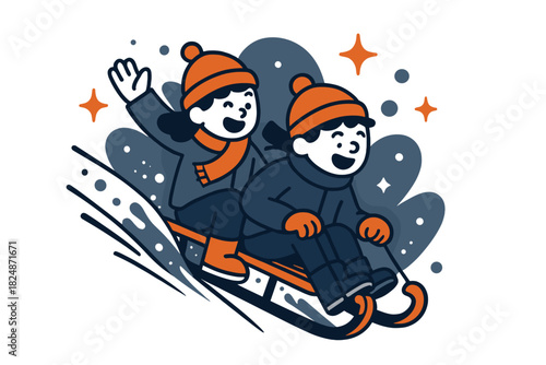 Joyful Sledding Adventure. Sledding adventure. Two children on sled racing down hill, snow spray and floating