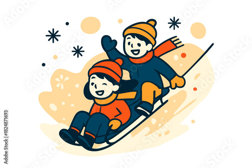 Winter Sledding Fun. Winter sledding illustration. Children sliding down snow hill, soft floating snowflakes,
