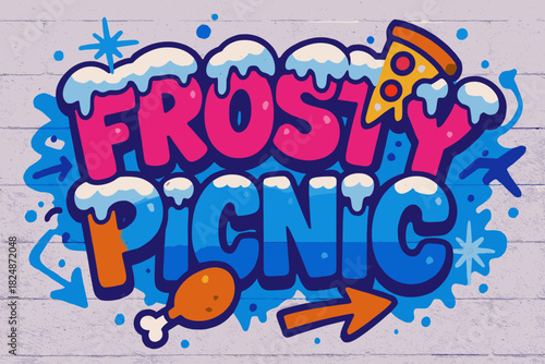 Winter Graffiti Vibes. Frosty Picnic — Graffiti Simplified: chunky tilted bubble letters with drippy snow and
