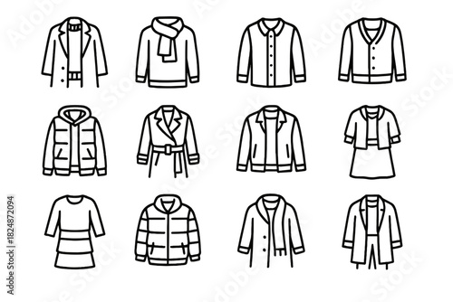 Winter Layered Fashion Icons. Winter layered fashion. Line outline icon set of winter layered fashion: long