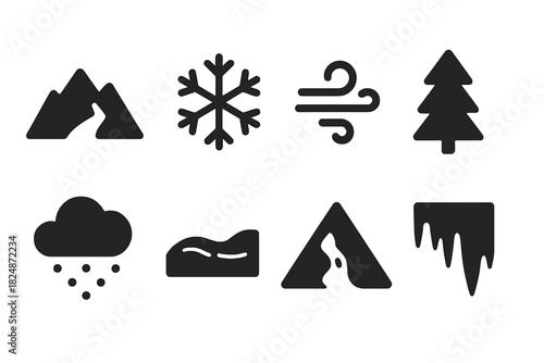 Frost Storm Icons. Frost Storm. Filled icon set of Frost Storm: mountain, snowflake, wind swirl, pine tree,
