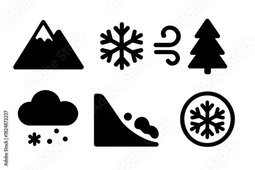 Frosty Icons Collection. Frosty Mountains. Filled icon set of Frosty Mountains: mountain, snowflake, wind