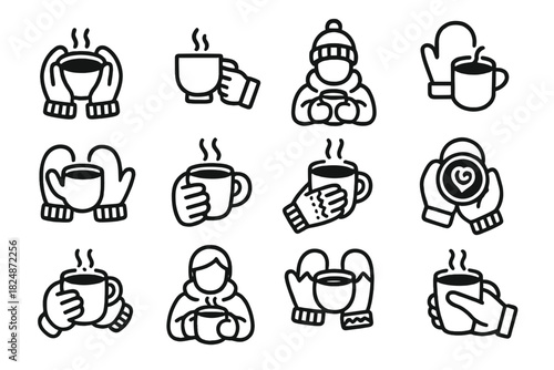 Cozy Winter Coffee Icons. Cozy winter coffee icons. Line outline icon set of cozy winter coffee icons: pair of