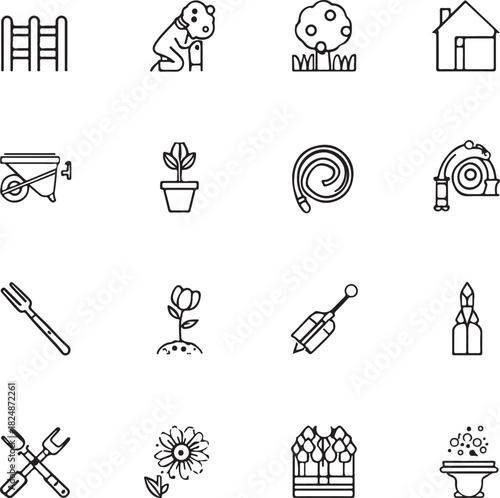 Gardening icon set vector illustration with modern thin line horticultural pictograms, including tools,
