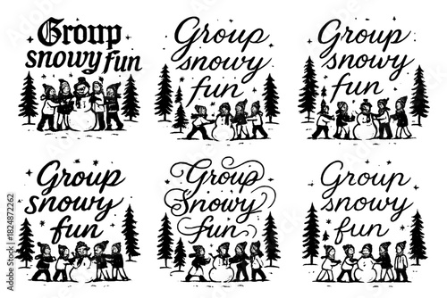 Snowy Calligraphy Styles. Group snowy fun. Create a calligraphy lettering illustration of the phrase: Group
