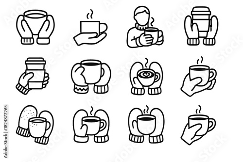 Gloved Hands with Coffee. Stylish gloves holding coffee. Line outline icon set of stylish gloves holding