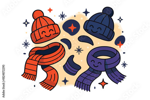 Cozy Winter Accessories. Cozy winter wear. Assortment of knitted beanies and scarves, abstract floating