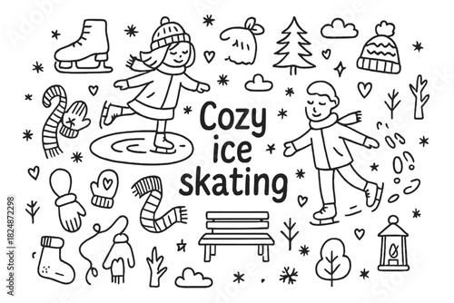 Cozy Ice Skating Doodle. Cozy ice skating. Hand-drawn doodle illustration of Cozy ice skating. People, ice