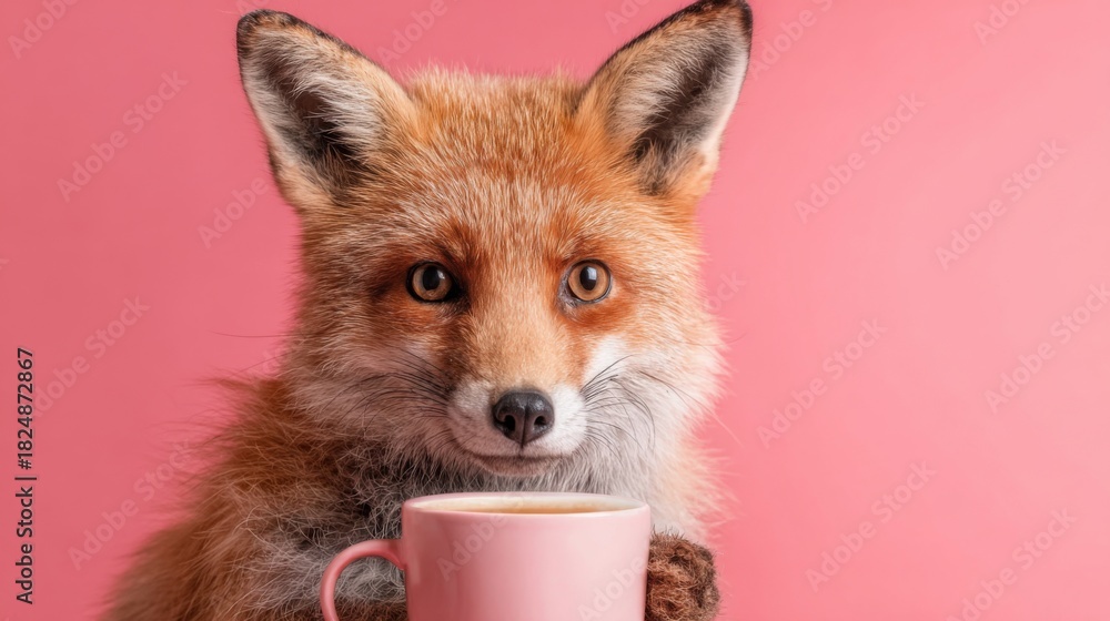 Naklejka premium A charming fox with bright eyes holds a small pink cup filled with a warm drink. The soft pink background adds a cozy touch, creating a whimsical atmosphere perfect for relaxation.