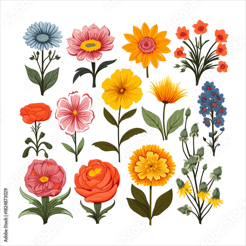 A collection of colorful flowers in a flat vector style. Includes various pink, yellow, blue, and orange blooms with green stems and leaves, isolated on a light background. Botanical design elements