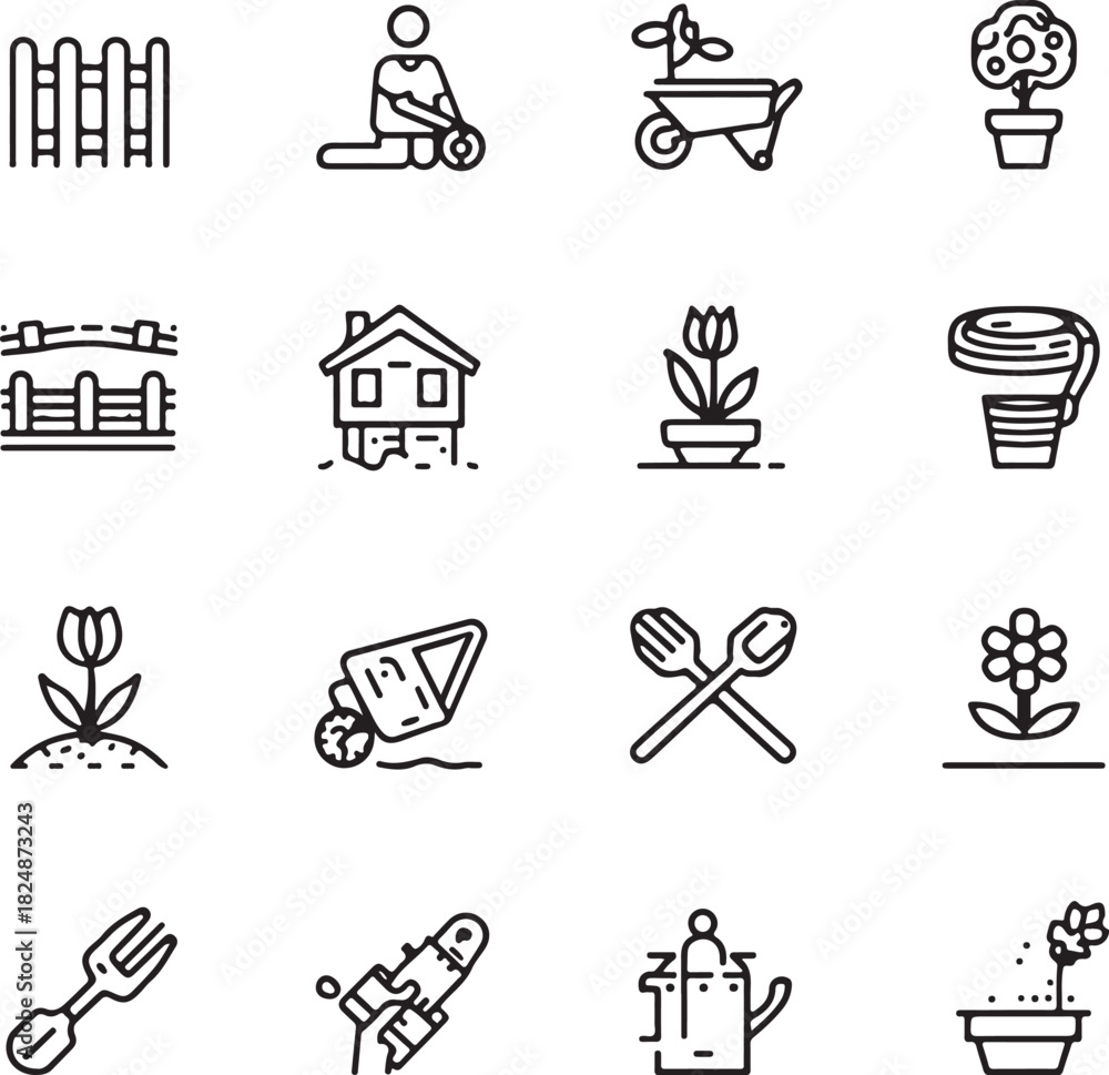 Naklejka premium Gardening icon set. Containing plant, gardener, sprout, leaf, planting, seedling, shovel, watering can, rake, cultivation and more 