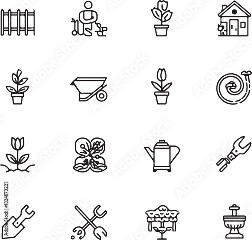 Garden icon set. Containing plant, flowers, trees, watering can, fence, cultivate and gardening icons.