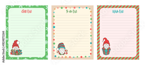 Christmas lists set. Gift list, To do list, Wish list. Lined pages for planner, holiday card, scrapbook notepad. Cute design template with Christmas gnomes. Vector illustration. Printable paper sheet.