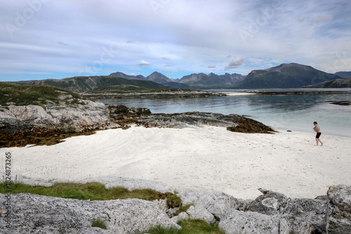 Atlantic shore near Sommarøy, Norway. Stunning and idyllic Sommaroya islands landscape by the turquoise sea with white sand beaches.