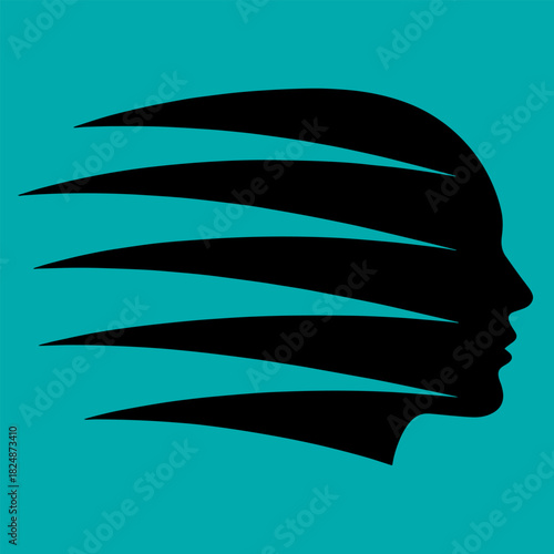 Abstract black silhouette of a human head with horizontal lines