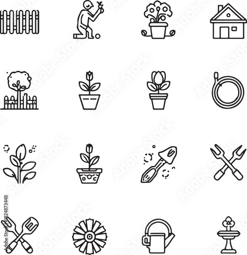 Gardening icon set vector illustration with modern thin line horticultural pictograms, including tools, pruning shears, watering can, wheelbarrow,
