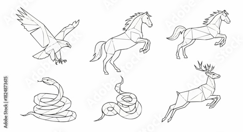 Geometric outline illustration of eagle, horses, snakes, and deer in various poses and arrangements
