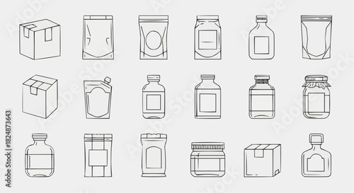 Illustration of various packaging types including boxes pouches bottles and jars in a simple line drawing style